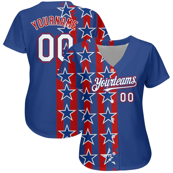 Custom Royal White Red 3D American Flag Authentic Baseball Jersey - Image 2