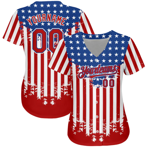 Custom Red Royal-White 3D American Flag Authentic Baseball Jersey - Image 2