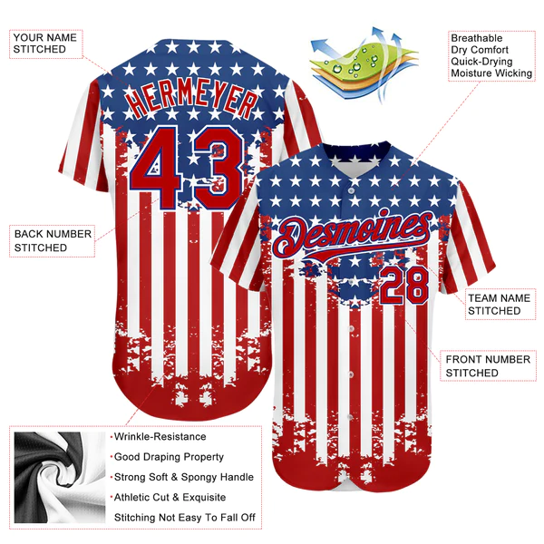 Custom Red Royal-White 3D American Flag Authentic Baseball Jersey - Image 5