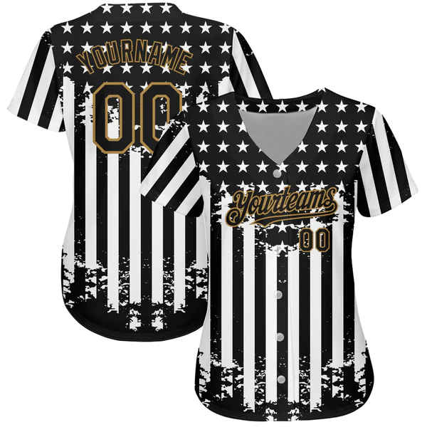 Custom Black Old Gold-White 3D American Flag Authentic Baseball Jersey - Image 2