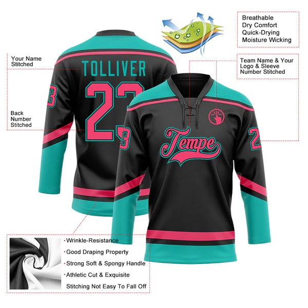 Custom Black Neon Pink-Aqua Hockey Lace Neck Jersey - Image 4