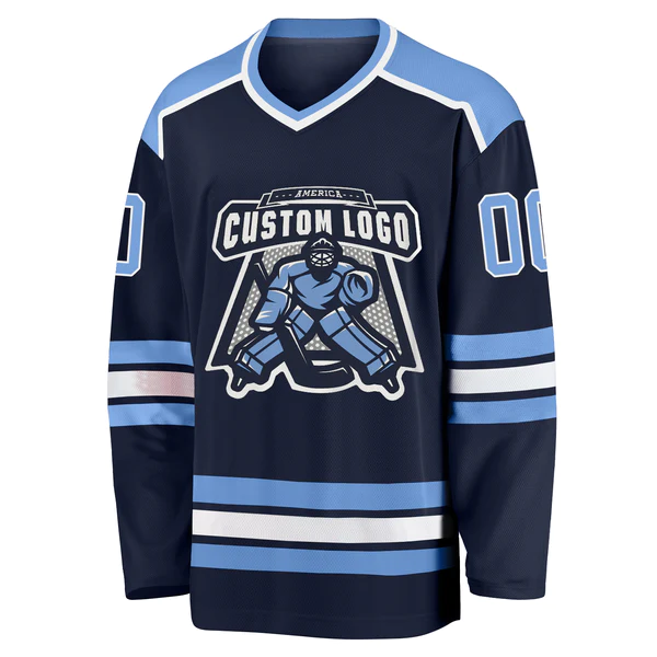 Custom Navy Light Blue-White Hockey Jersey - Image 2