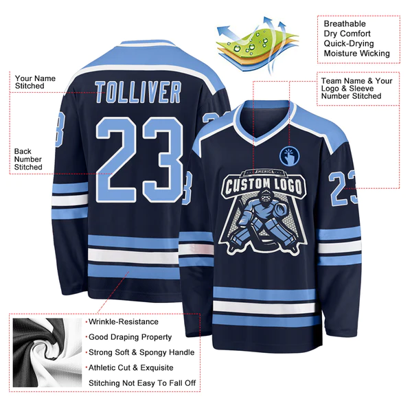 Custom Navy Light Blue-White Hockey Jersey - Image 4