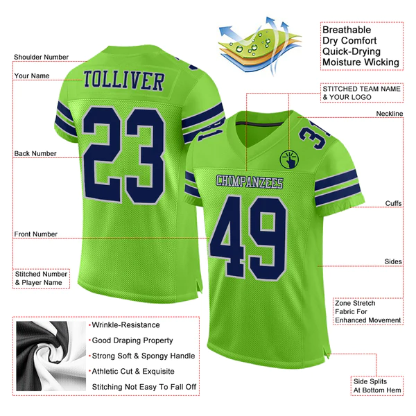 Custom Neon Green Navy-Gray Mesh Authentic Football Jersey - Image 2