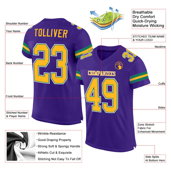 Custom Purple Gold-Kelly Green Mesh Authentic Football Jersey - Image 2