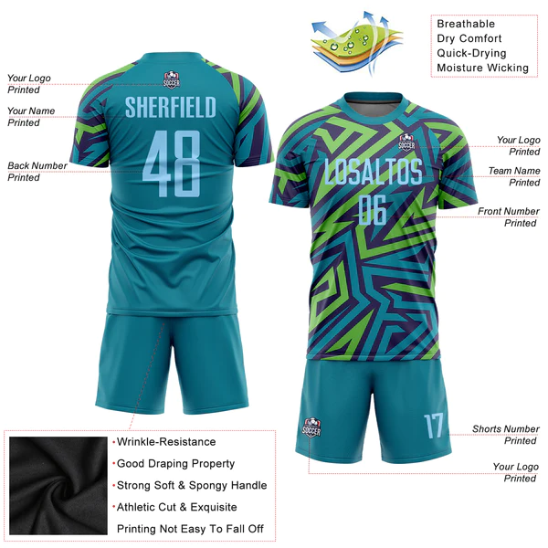 Custom Teal Light Blue-Kelly Green Sublimation Soccer Uniform Jersey - Image 5