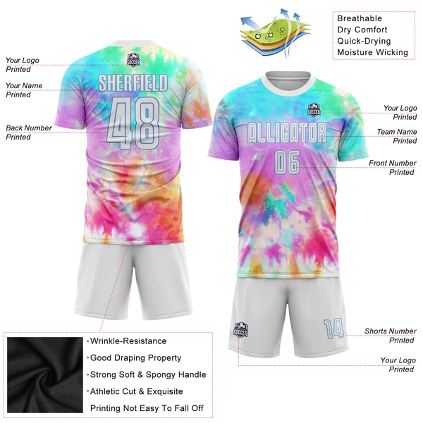 Custom Tie Dye White-Light Blue Sublimation Soccer Uniform Jersey - Image 5