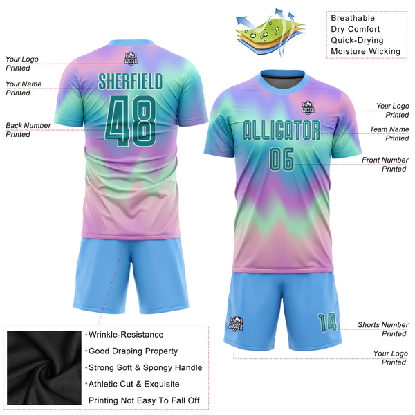 Custom Tie Dye Teal-White Sublimation Soccer Uniform Jersey - Image 5