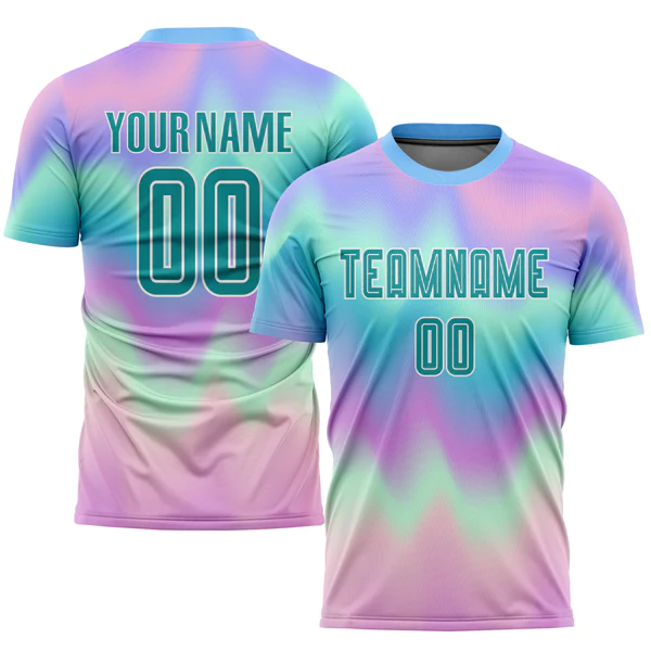 Custom Tie Dye Teal-White Sublimation Soccer Uniform Jersey - Image 2