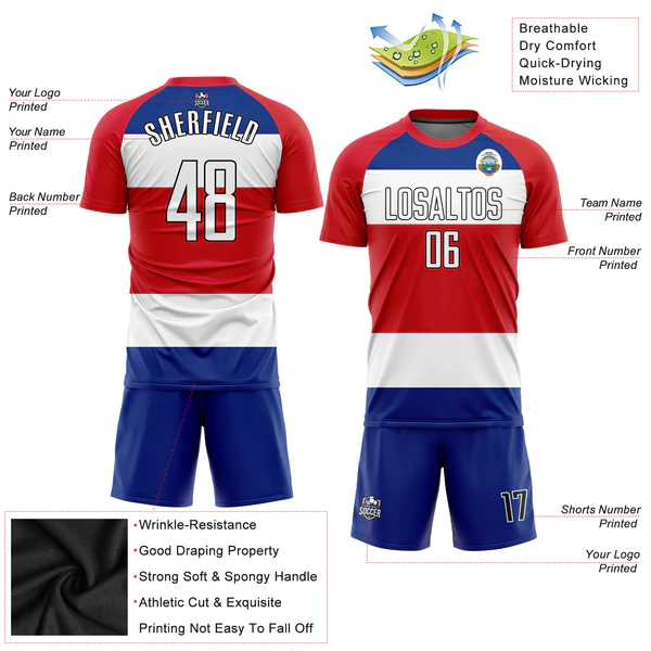Custom Red White Royal-Black Sublimation Costa Rican Flag Soccer Uniform Jersey - Image 5