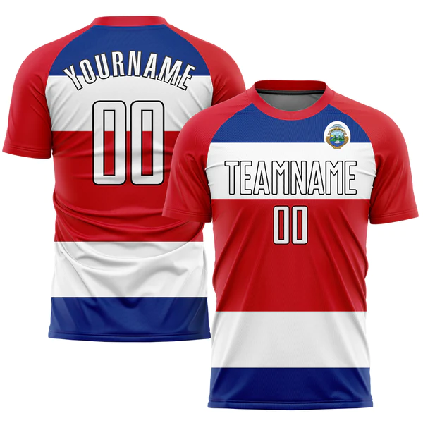 Custom Red White Royal-Black Sublimation Costa Rican Flag Soccer Uniform Jersey - Image 2