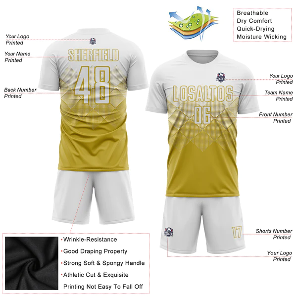 Custom Old Gold White Sublimation Soccer Uniform Jersey - Image 5