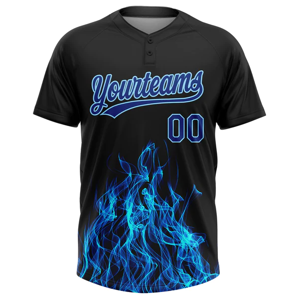 Custom Black Royal-Light Blue Flame 3D Pattern Two-Button Unisex Softball Jersey - Image 2