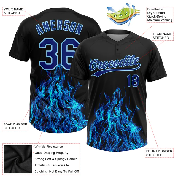 Custom Black Royal-Light Blue Flame 3D Pattern Two-Button Unisex Softball Jersey - Image 5