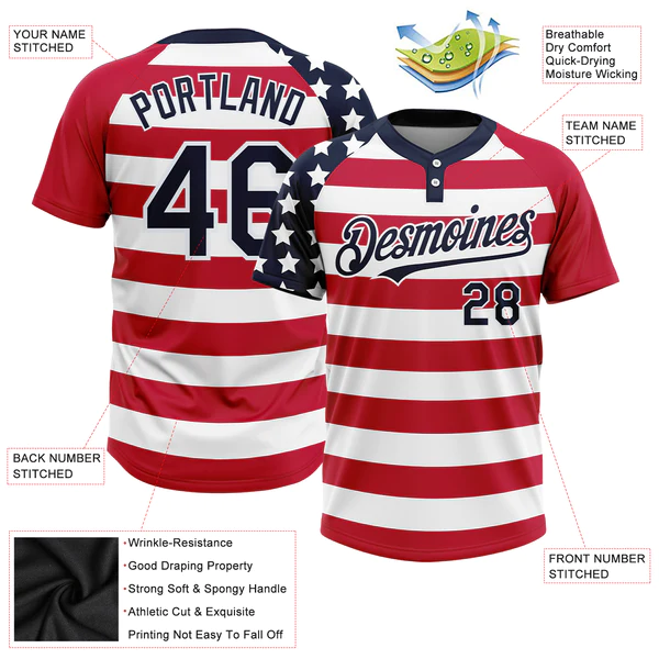 Custom White Navy-Red 3D American Flag Fashion Two-Button Unisex Softball Jersey - Image 3