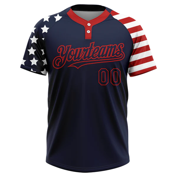 Custom Navy Red-White 3D American Flag Fashion Two-Button Unisex Softball Jersey - Image 2