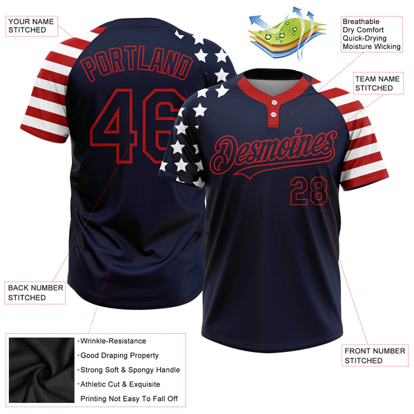 Custom Navy Red-White 3D American Flag Fashion Two-Button Unisex Softball Jersey - Image 5