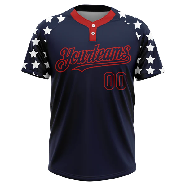 Custom Navy Red-White 3D American Flag Fashion Two-Button Unisex Softball Jersey - Image 2