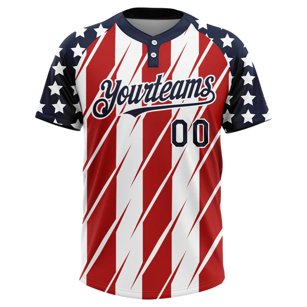 Custom Red Navy-White 3D American Flag Fashion Two-Button Unisex Softball Jersey - Image 2
