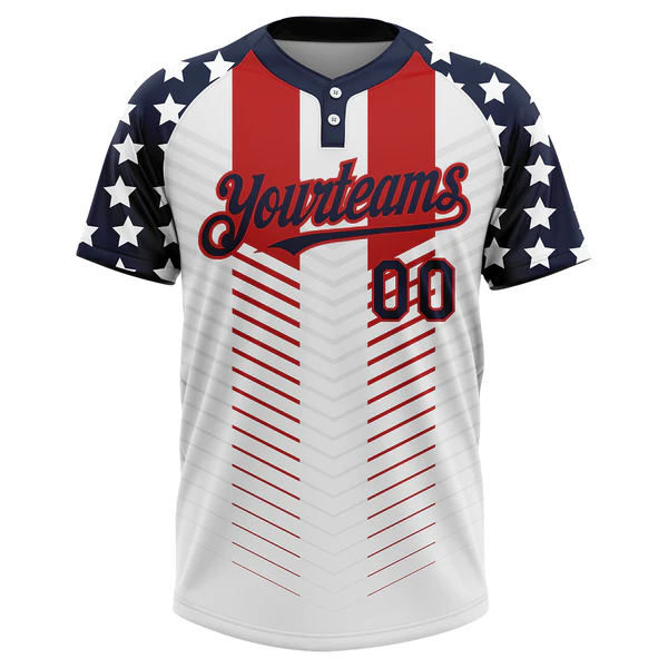 Custom White Navy-Red 3D American Flag Fashion Two-Button Unisex Softball Jersey - Image 2