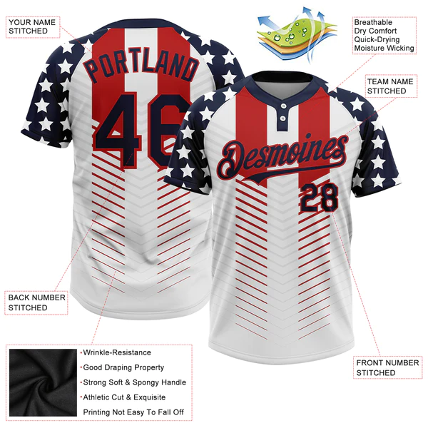 Custom White Navy-Red 3D American Flag Fashion Two-Button Unisex Softball Jersey - Image 5
