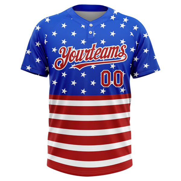 Custom Royal Red-White 3D American Flag Fashion Two-Button Unisex Softball Jersey - Image 2