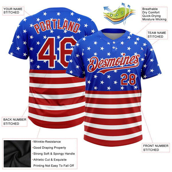Custom Royal Red-White 3D American Flag Fashion Two-Button Unisex Softball Jersey - Image 5