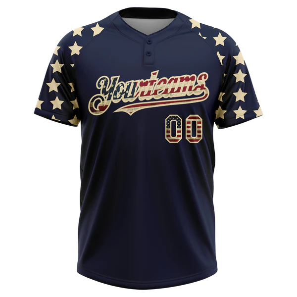 Custom Navy Vintage USA Flag-Cream 3D American Flag Fashion Two-Button Unisex Softball Jersey - Image 2