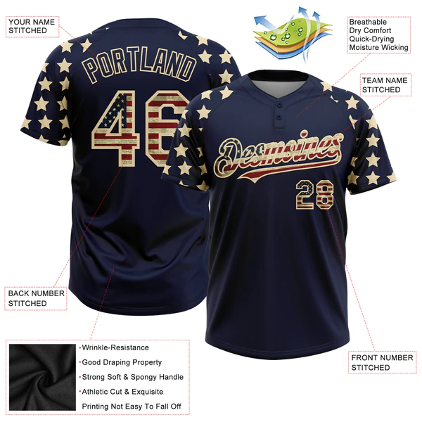 Custom Navy Vintage USA Flag-Cream 3D American Flag Fashion Two-Button Unisex Softball Jersey - Image 5