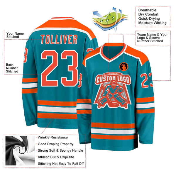 Custom Teal Orange-White Hockey Jersey - Image 4