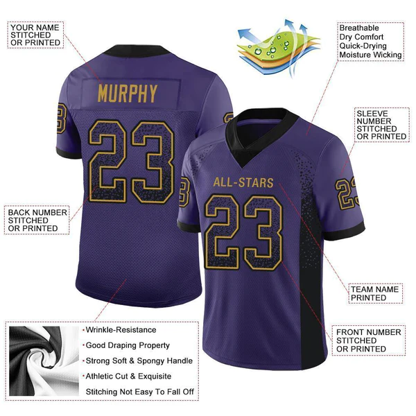 Custom Purple Black-Old Gold Mesh Drift Fashion Football Jersey - Image 2