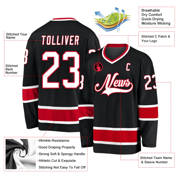 Custom Black White-Red Hockey Jersey - Image 2
