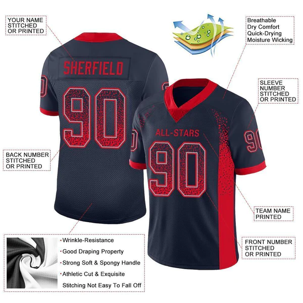 Custom Navy Scarlet-Gray Mesh Drift Fashion Football Jersey - Image 5