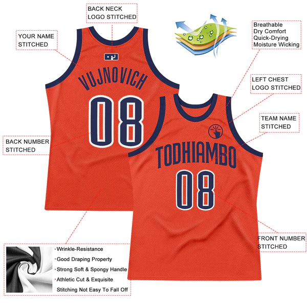 Custom Orange Navy-White Authentic Throwback Basketball Jersey - Image 2