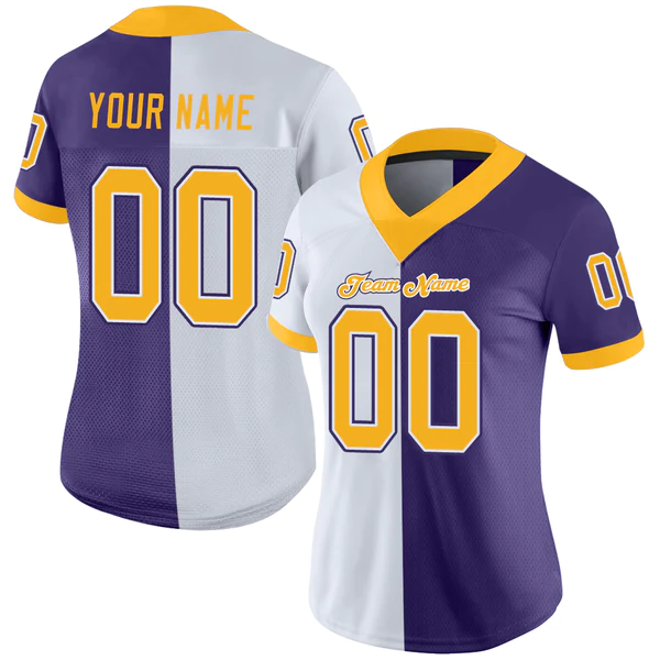 Custom Purple Gold-White Mesh Split Fashion Football Jersey - Image 2