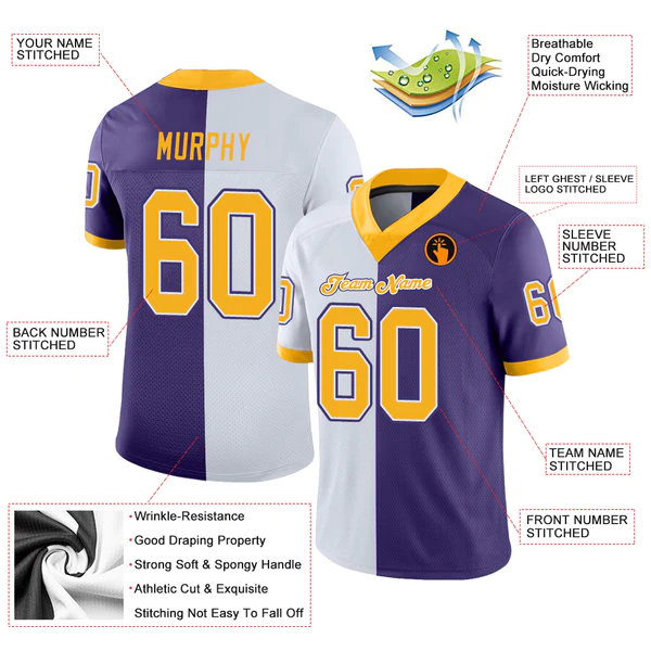 Custom Purple Gold-White Mesh Split Fashion Football Jersey - Image 4
