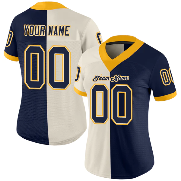 Custom Cream Navy-Gold Mesh Split Fashion Football Jersey - Image 2