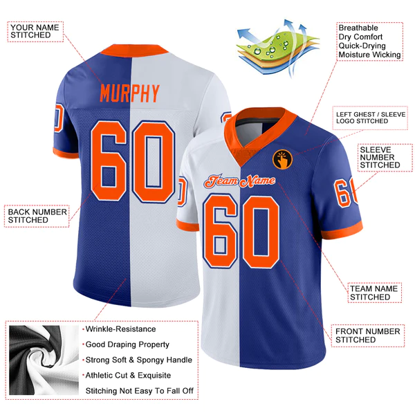 Custom Royal Orange-White Mesh Split Fashion Football Jersey - Image 3