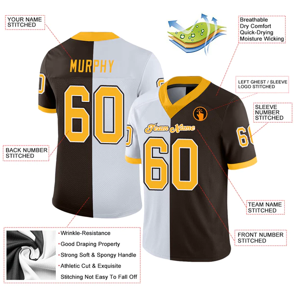 Custom Brown Gold-White Mesh Split Fashion Football Jersey - Image 4