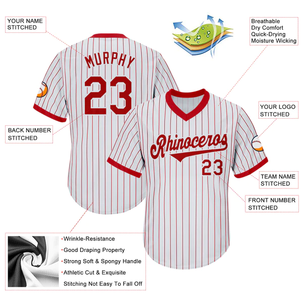 Custom White Red Pinstripe Red-White Authentic Throwback Rib-Knit Baseball Jersey Shirt - Image 2