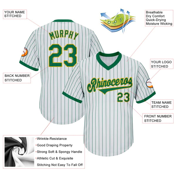 Custom White Kelly Green Pinstripe Kelly Green-Gold Authentic Throwback Rib-Knit Baseball Jersey Shirt - Image 2