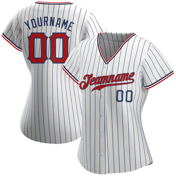 Custom White Navy Pinstripe Red-Navy Authentic Baseball Jersey - Image 2