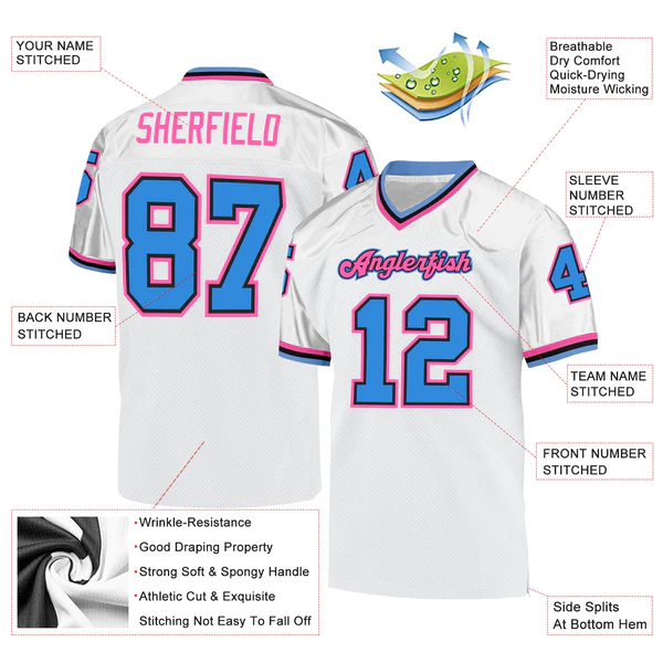 Custom White Powder Blue-Pink Mesh Authentic Throwback Football Jersey - Image 5